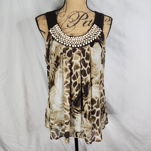 NEW DIRECTIONS Size Medium Animal Print Chiffon Wood Beaded Halter‎ Top Blouse - Picture 1 of 9